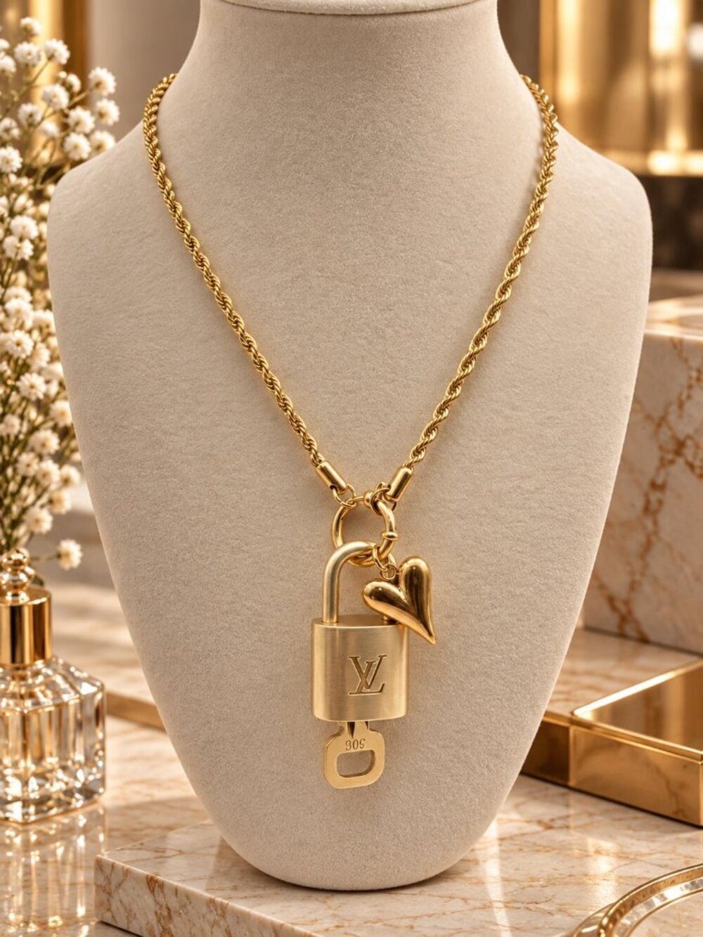 ✨ Stainless Steel Gold-Plated Necklace with Authentic Louis Vuitton Padlock ✨